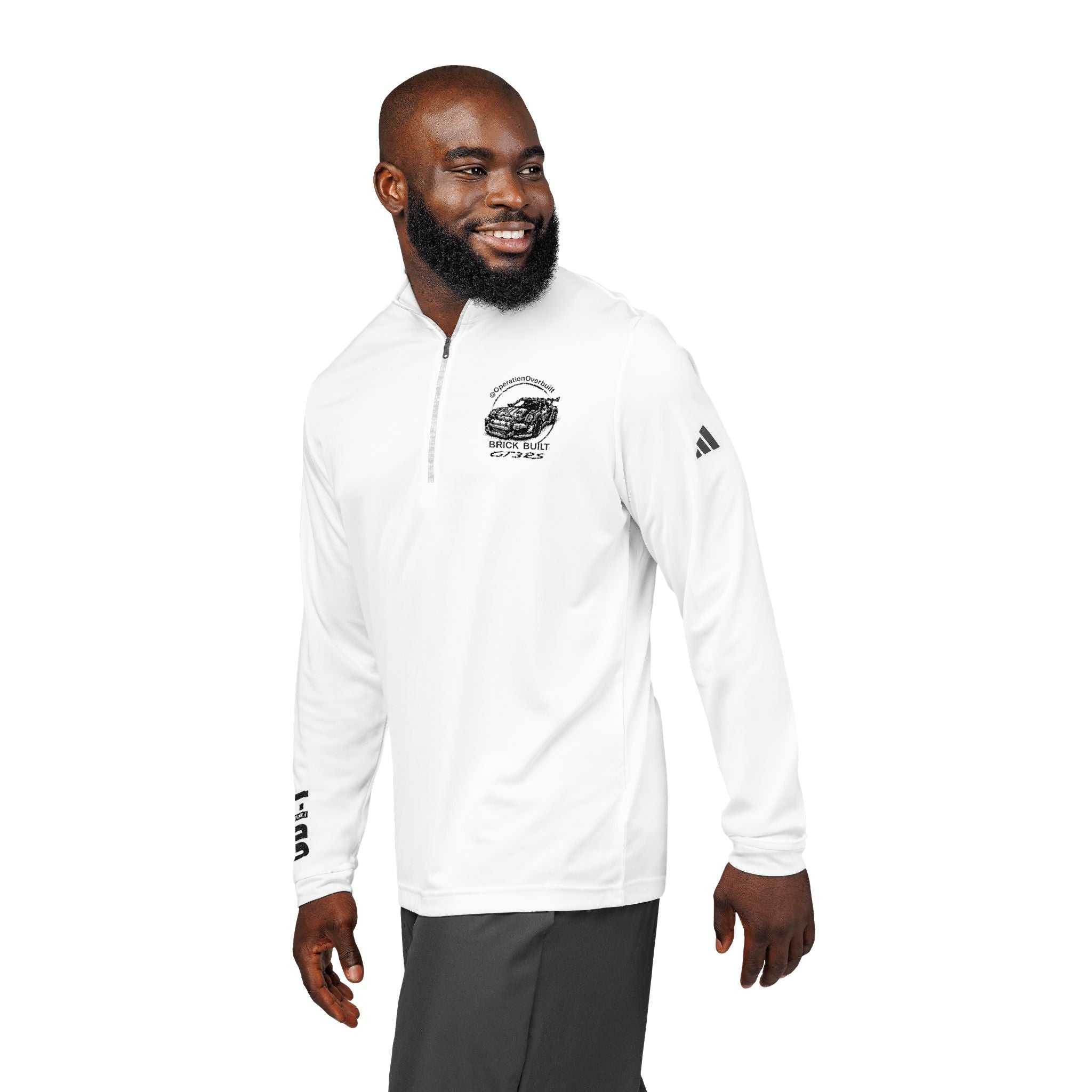 Overbuilt GT3RS / OB1:1 Embroidered adidas Quarter‑Zip Pullover — White Performance Top with Chest Logo