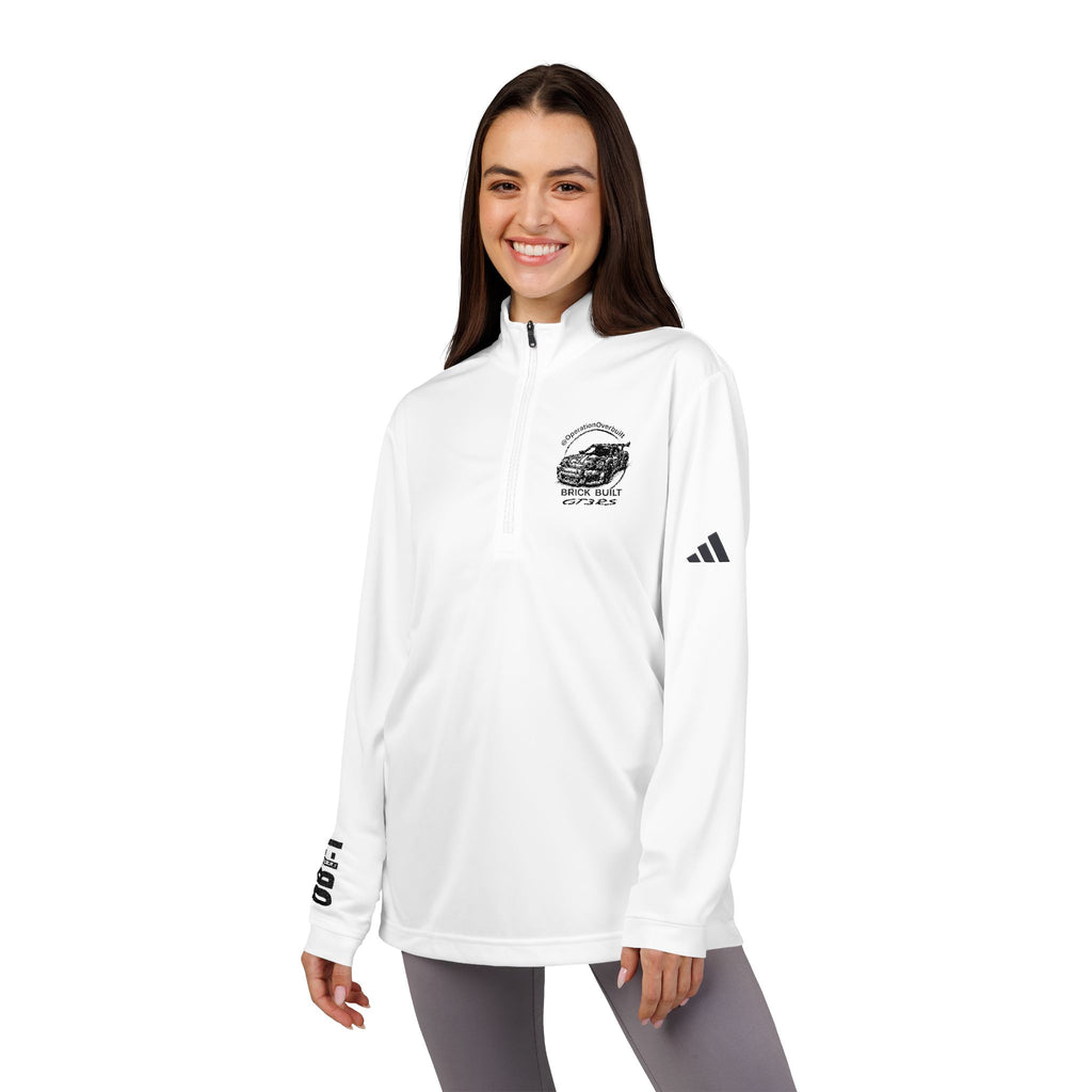 Overbuilt GT3RS / OB1:1 Embroidered adidas Quarter‑Zip Pullover — White Performance Top with Chest Logo