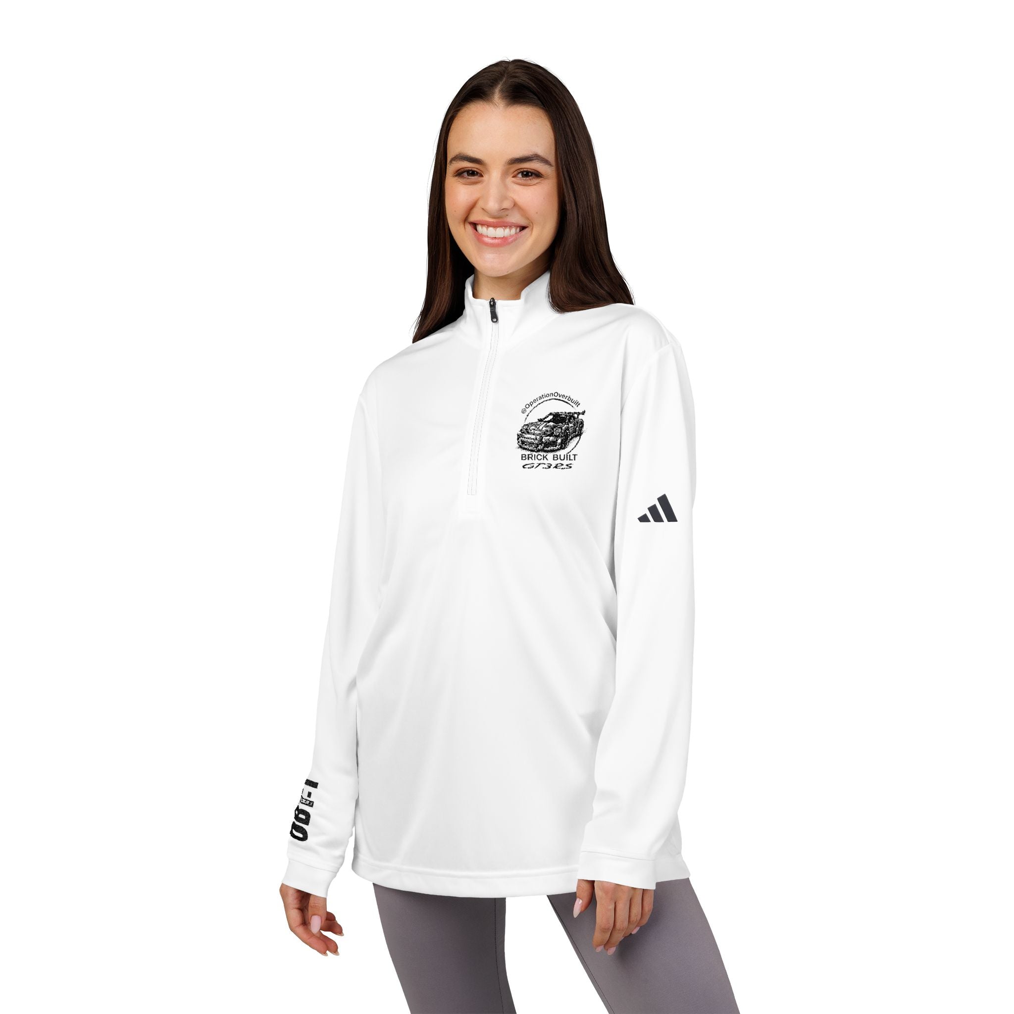 Overbuilt GT3RS / OB1:1 Embroidered adidas Quarter‑Zip Pullover — White Performance Top with Chest Logo