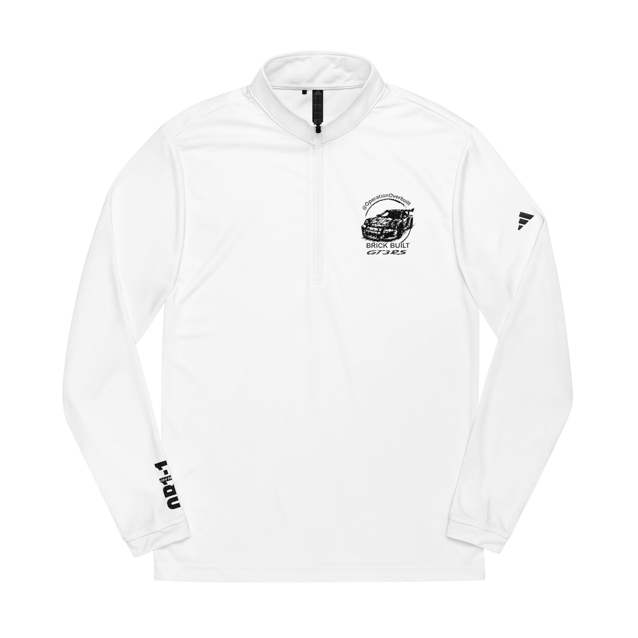 Overbuilt GT3RS / OB1:1 Embroidered adidas Quarter‑Zip Pullover — White Performance Top with Chest Logo
